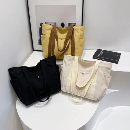 Large Capacity Canvas Tote Shoulder Bag with Multi Pocket Design
