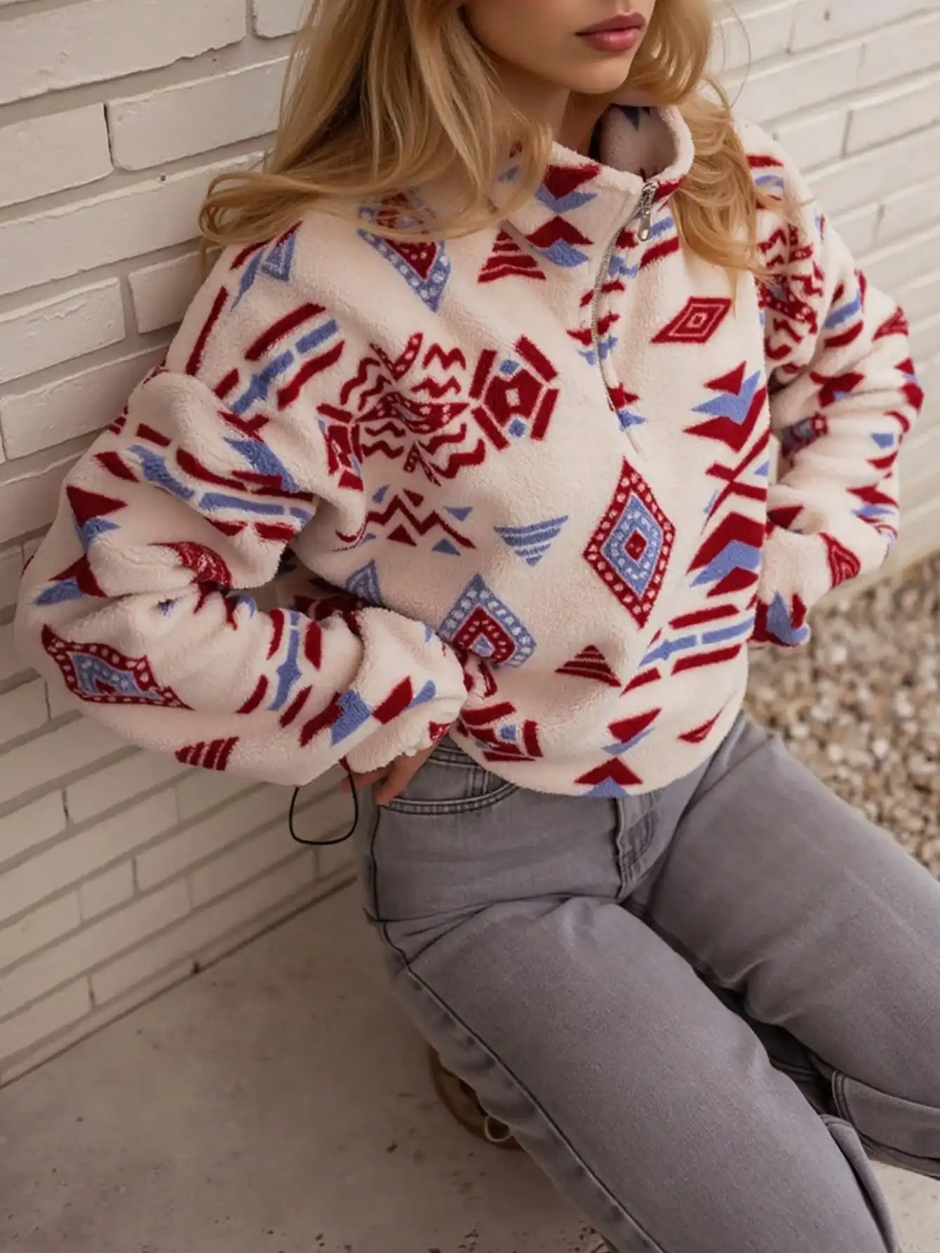 Women's Geometric Fleece Half-Zip Pullover with Relaxed Fit for Cozy Winter Style