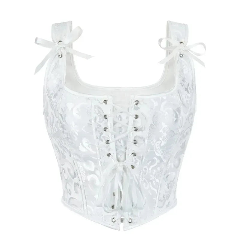Printed Lace-Up Corset Top with Structured Boning and Adjustable Shoulder Ties