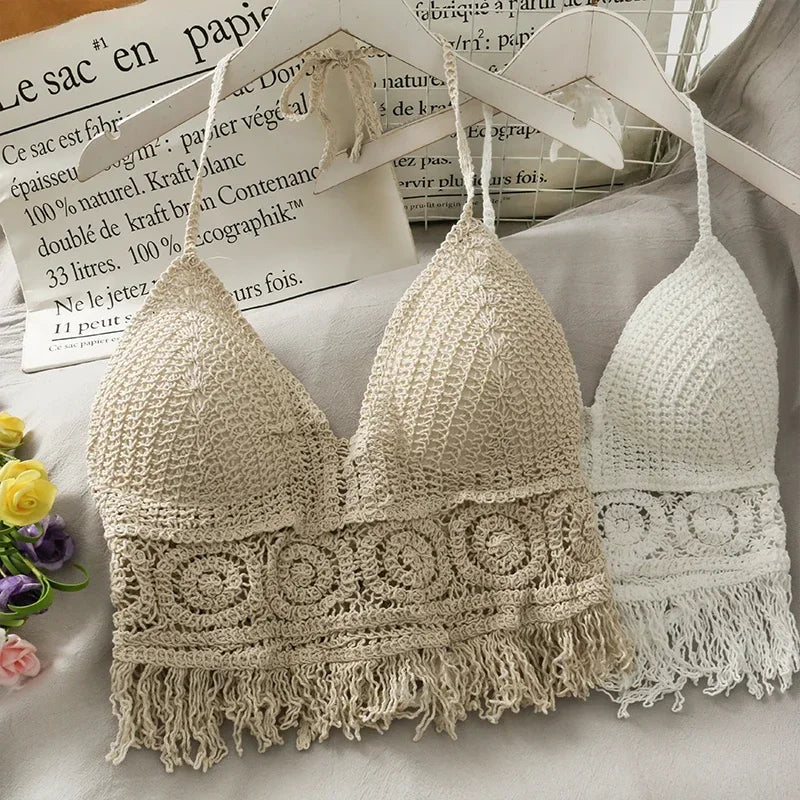 Women's Crochet Halter Neck Backless Crop Top with Tassel Detail for Summer Streetwear Style