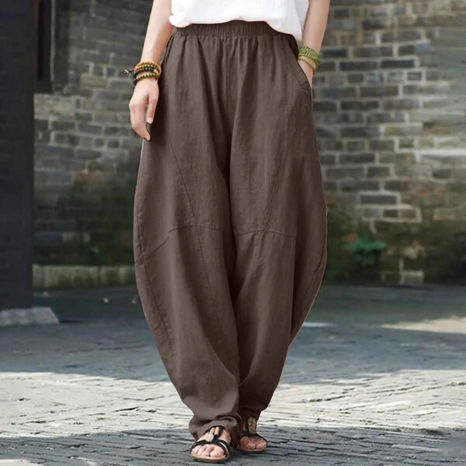 Women's High Waist Balloon Leg Casual Trousers with Relaxed Fit and Pocket Design