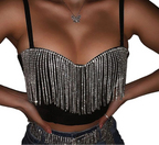 Rhinestone Fringe Bustier Crop Top with Spaghetti Straps and Glam Party Styling