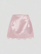Satin Lace Trim Mini Skirt with Sleek Fitted Contemporary Silhouette