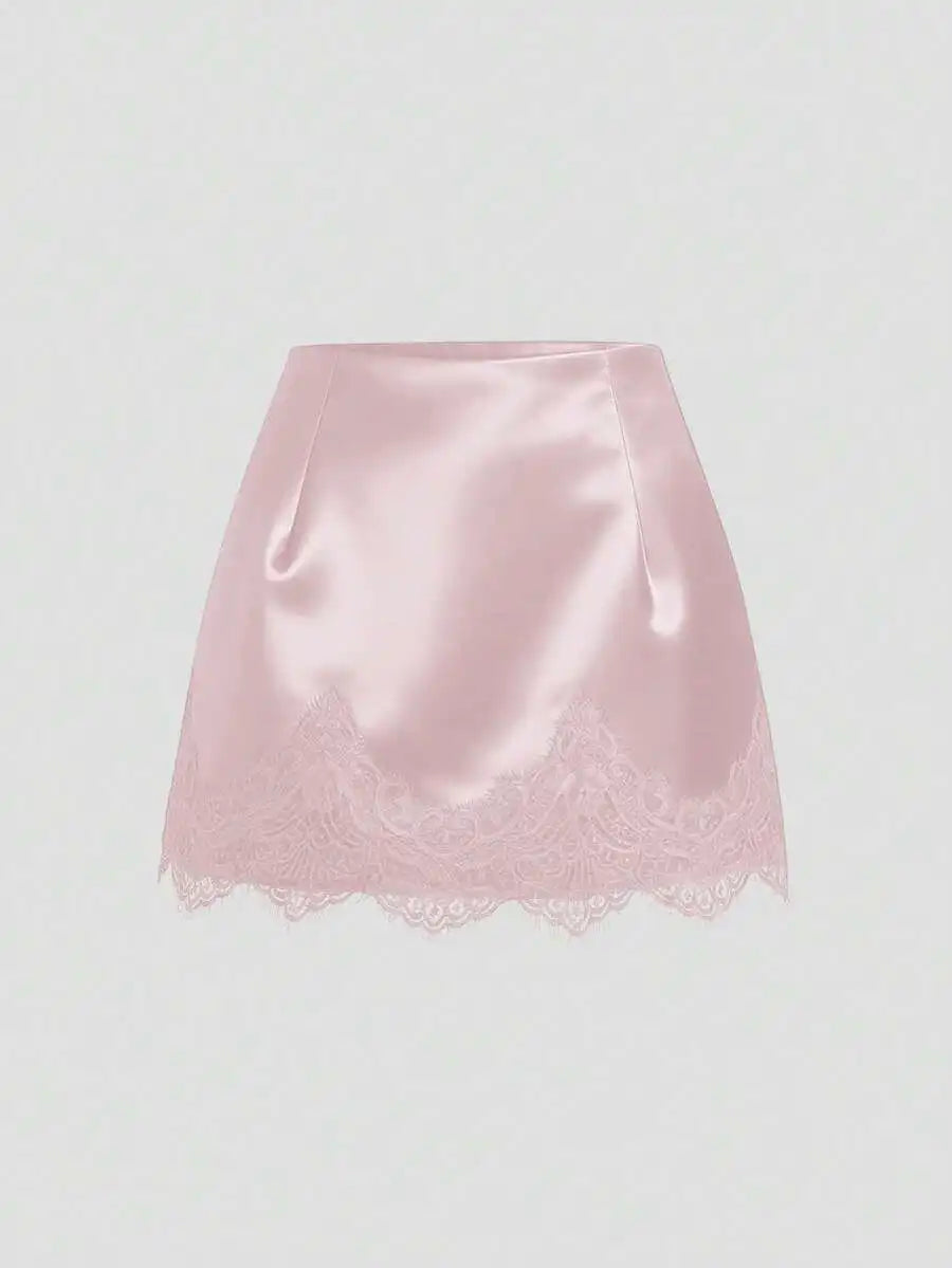 Satin Lace Trim Mini Skirt with Sleek Fitted Contemporary Silhouette