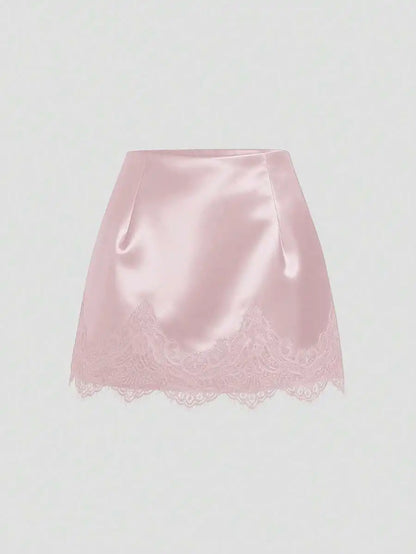 Satin Lace Trim Mini Skirt with Sleek Fitted Contemporary Silhouette