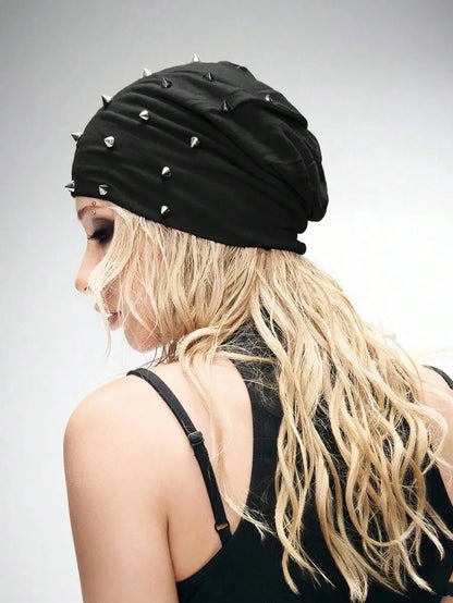 Studded Polyester Knit Beanie for Punk Inspired Streetwear Casual Four Season Fashion Style