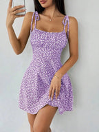 Sunny Yellow Ditsy Floral Mini Dress with Adjustable Shoulder Ties