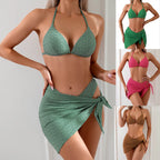 Green Ribbed-Look Cut-Out Bikini Set with Halter Neck Top and Matching Wrap Skirt Cover-Up