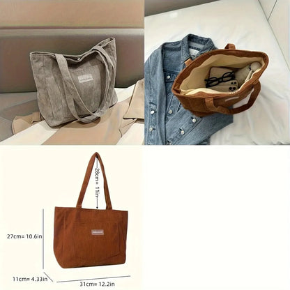 Large Capacity Corduroy Tote Shoulder Bag with Front Pocket Detail