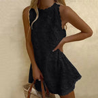 Textured Floral Lace A Line Mini Dress with Sleeveless Summer Silhouette