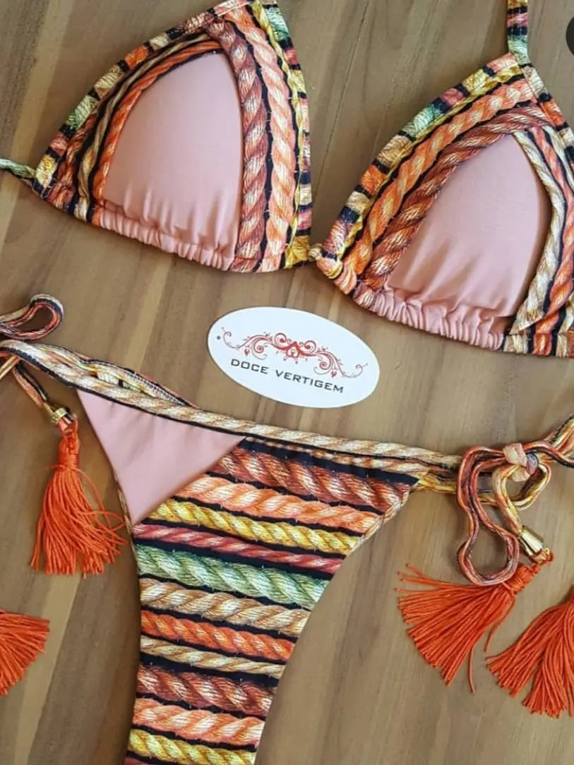 Tropical Palm Print Triangle Bikini Set with Twisted Rope Strap Details