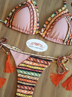 Tropical Palm Print Triangle Bikini Set with Twisted Rope Strap Details