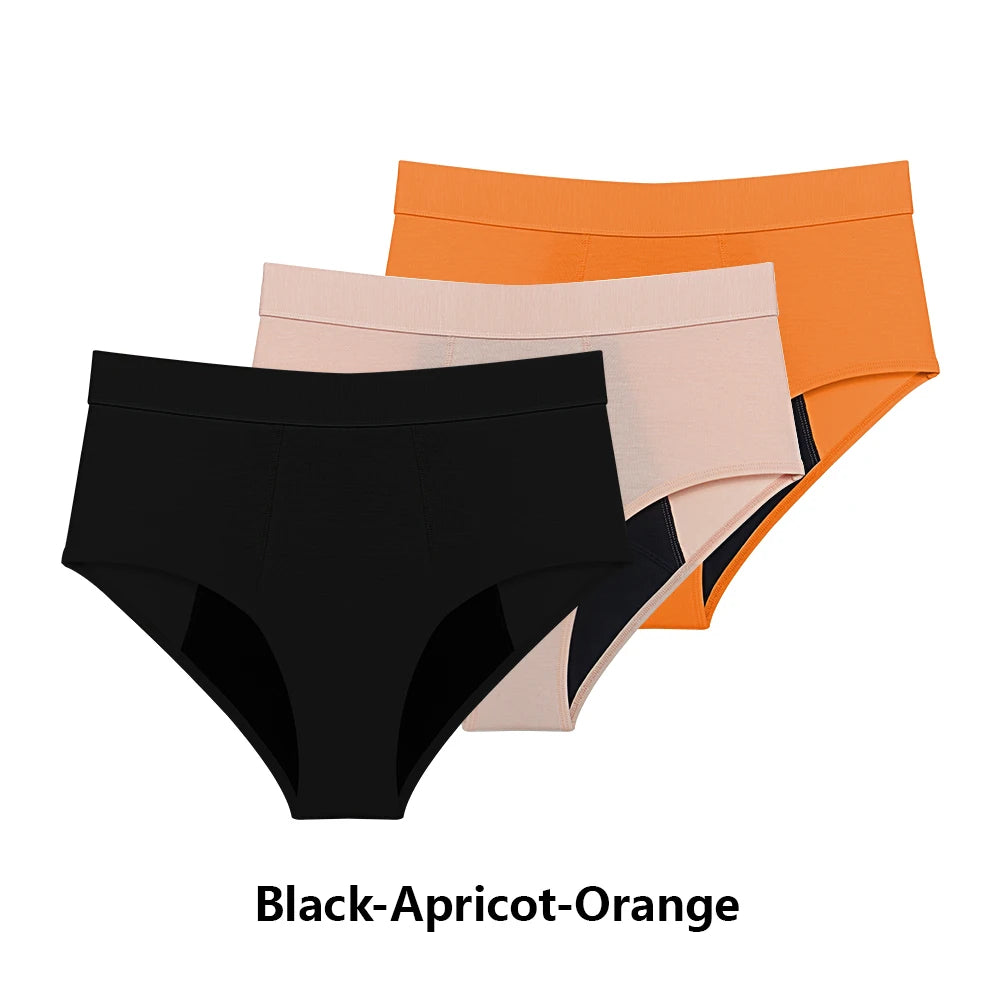 Three-Piece High-Waisted Absorbent Brief Set in Solid Tones