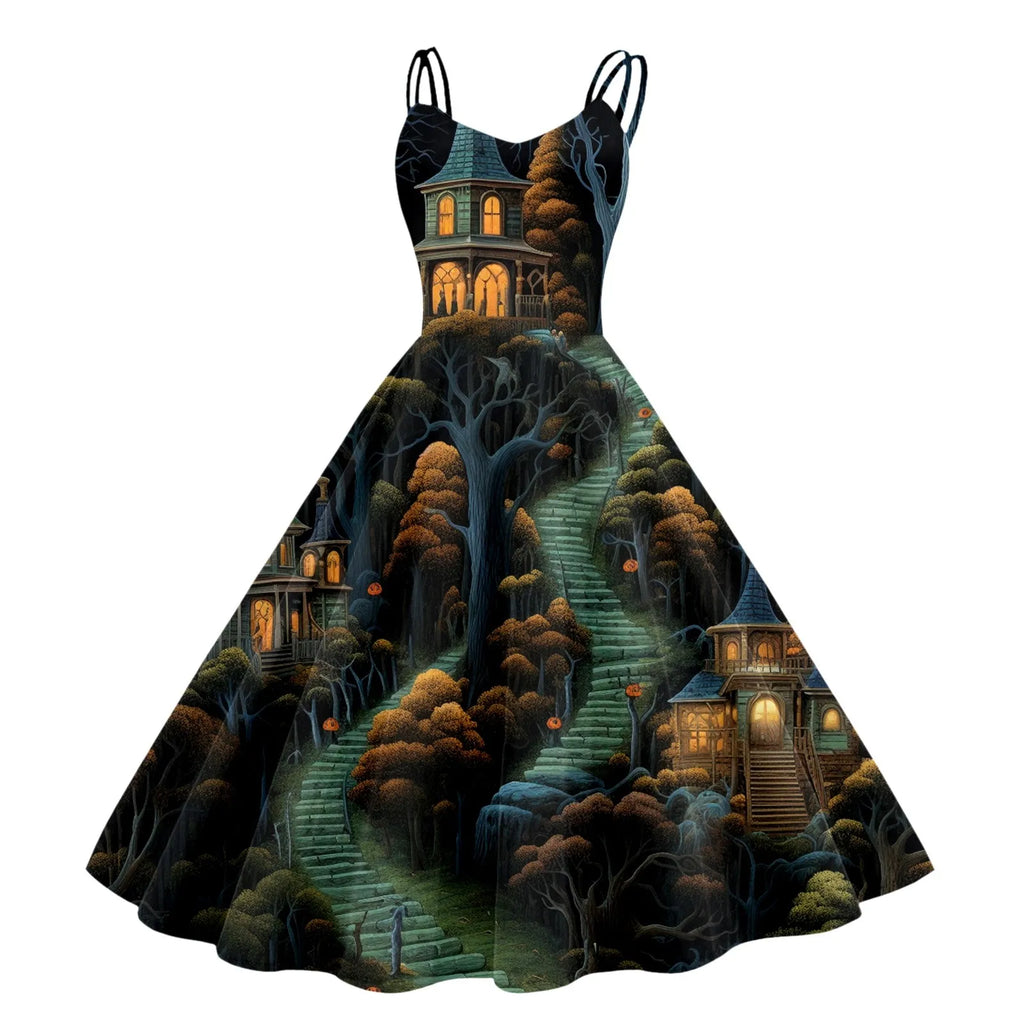 Halloween Graveyard Print Flared A-Line Dress with Double Spaghetti Straps