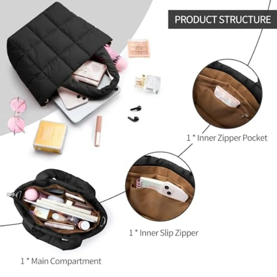 Small Quilted Nylon Puffer Crossbody Tote Bag with Adjustable Strap