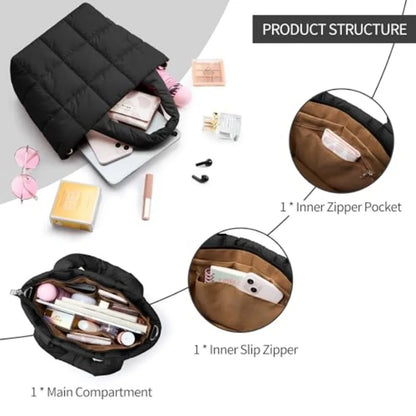 Small Quilted Nylon Puffer Crossbody Tote Bag with Adjustable Strap