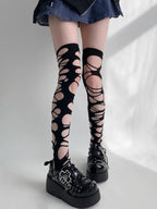 Distressed Over The Knee Fishnet Stockings Punk Y2K Alternative Hosiery