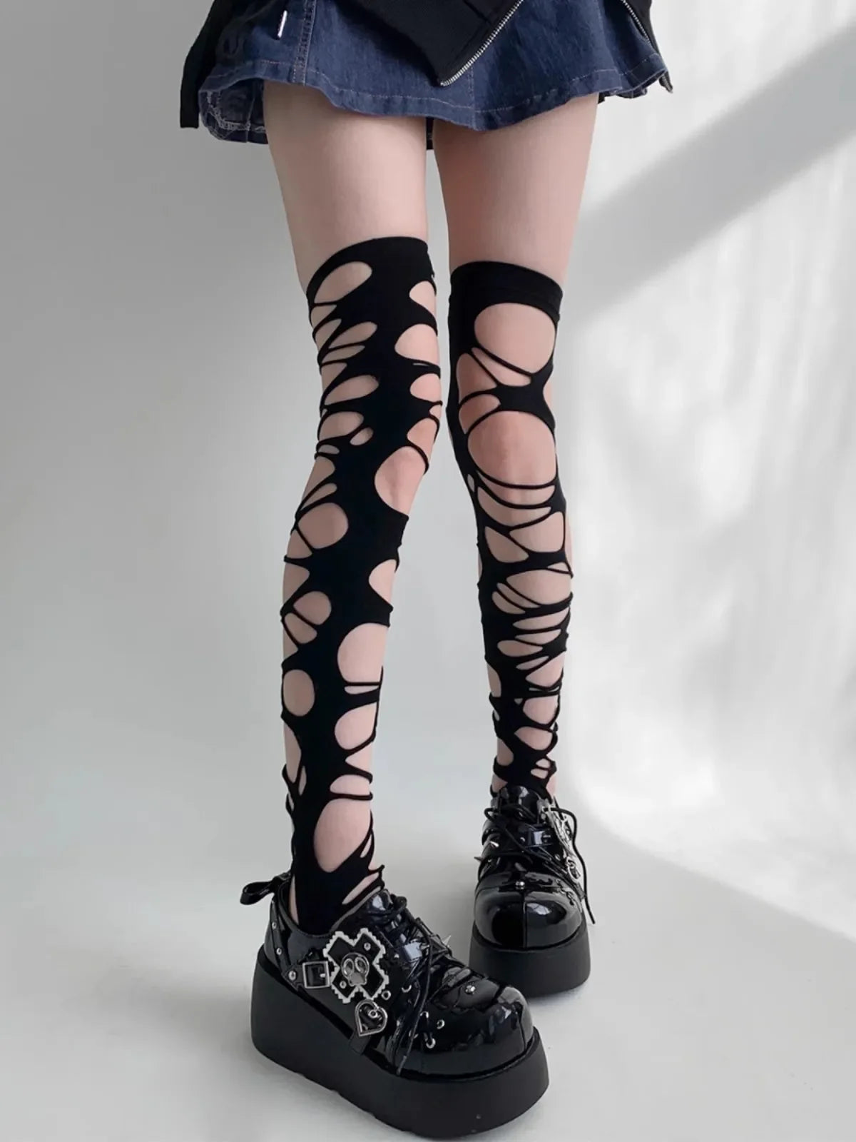 Distressed Over The Knee Fishnet Stockings Punk Y2K Alternative Hosiery