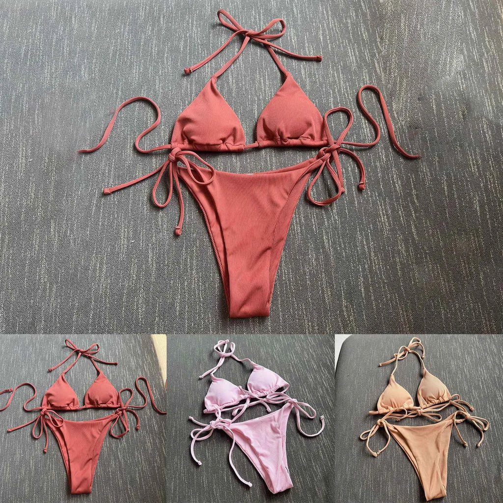 Ribbed String Triangle Micro Bikini Set with Lace-Up Halter Top, Low-Rise Thong Bottom and Adjustable Beachwear Details