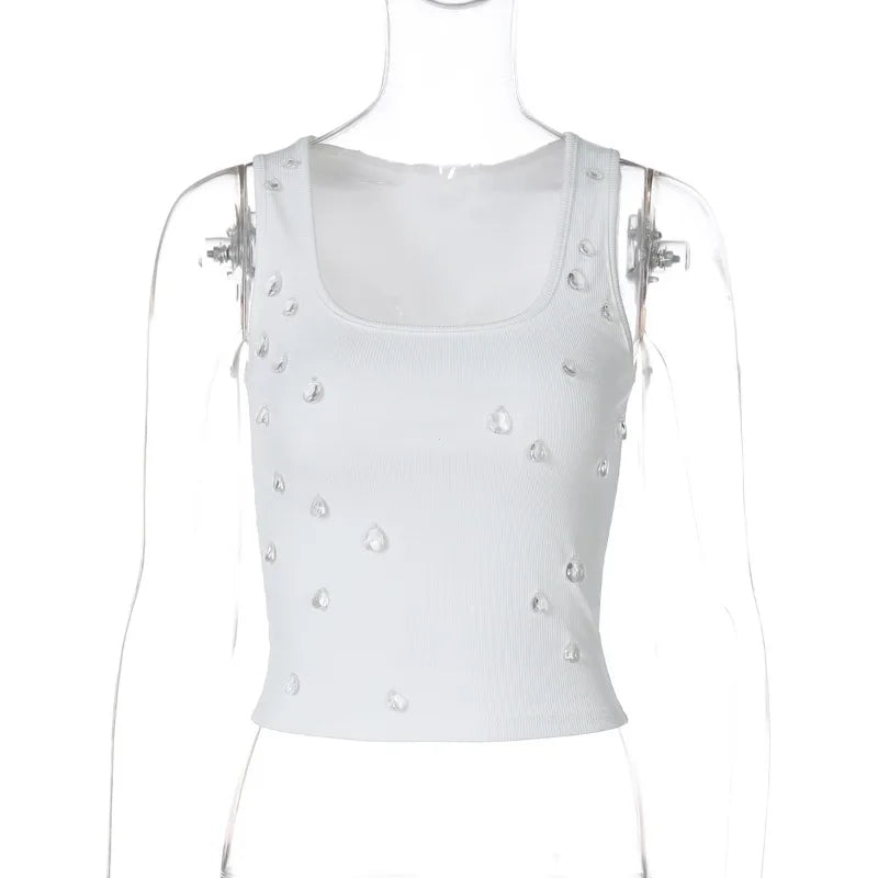 Women's Ribbed Sleeveless Round Neck Stretch Tank Top with Decorative Sparkle Detail