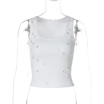 Women's Ribbed Sleeveless Round Neck Stretch Tank Top with Decorative Sparkle Detail