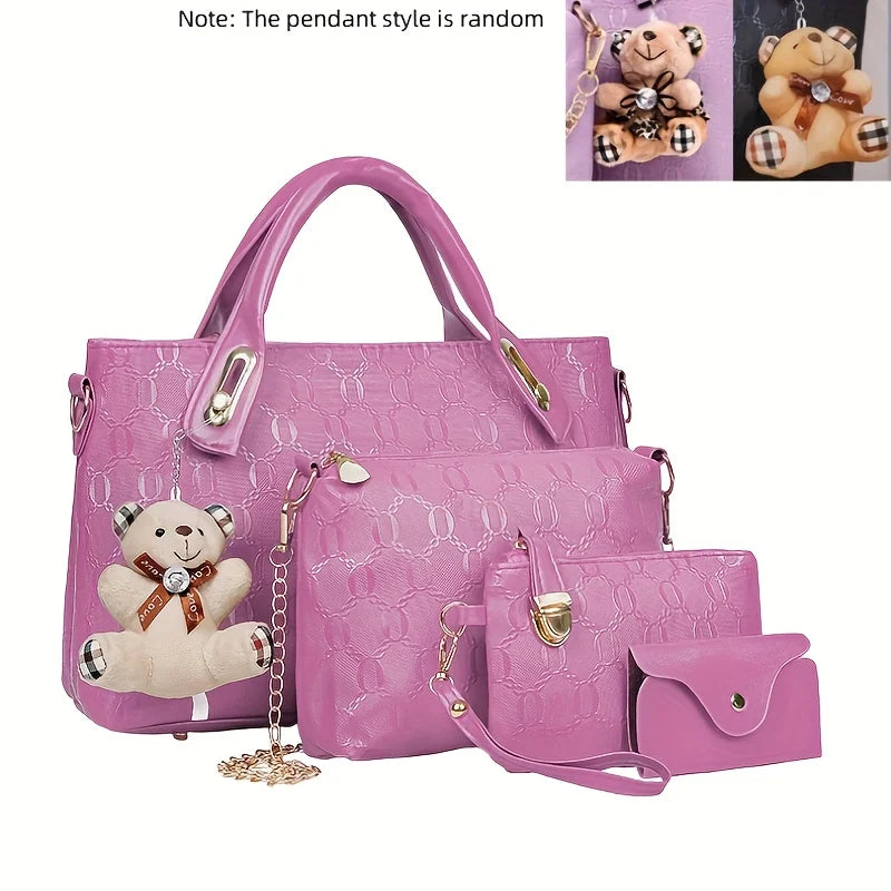 Embossed PU Leather Tote Bag Set with Crossbody Purse and Wallet