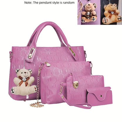 Embossed PU Leather Tote Bag Set with Crossbody Purse and Wallet