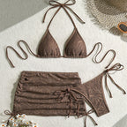 Textured Brown Three-Piece Triangle Bikini Set with Matching Ruched Skirt