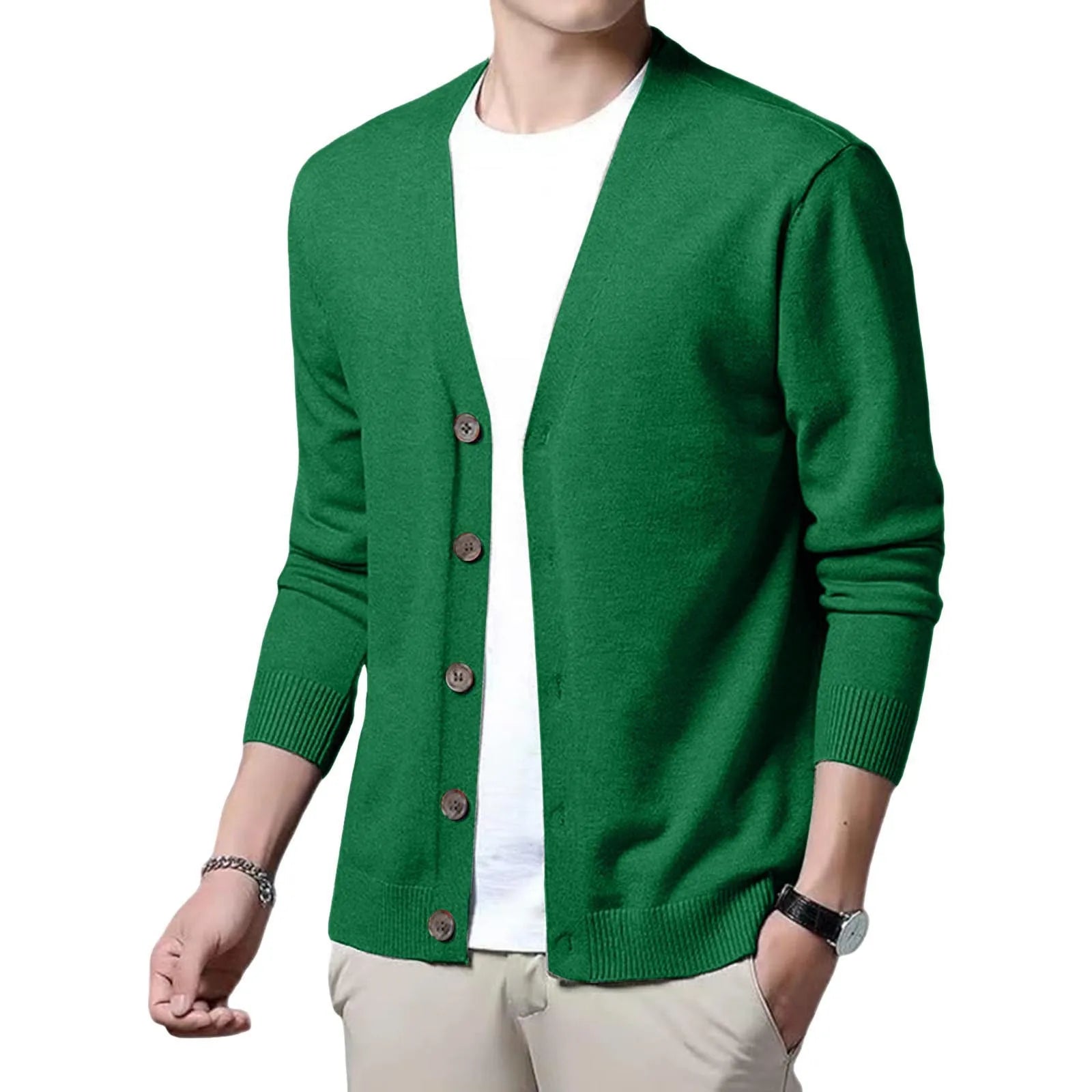 Men's V Neck Button Front Cardigan with Lightweight Ribbed Knit Construction