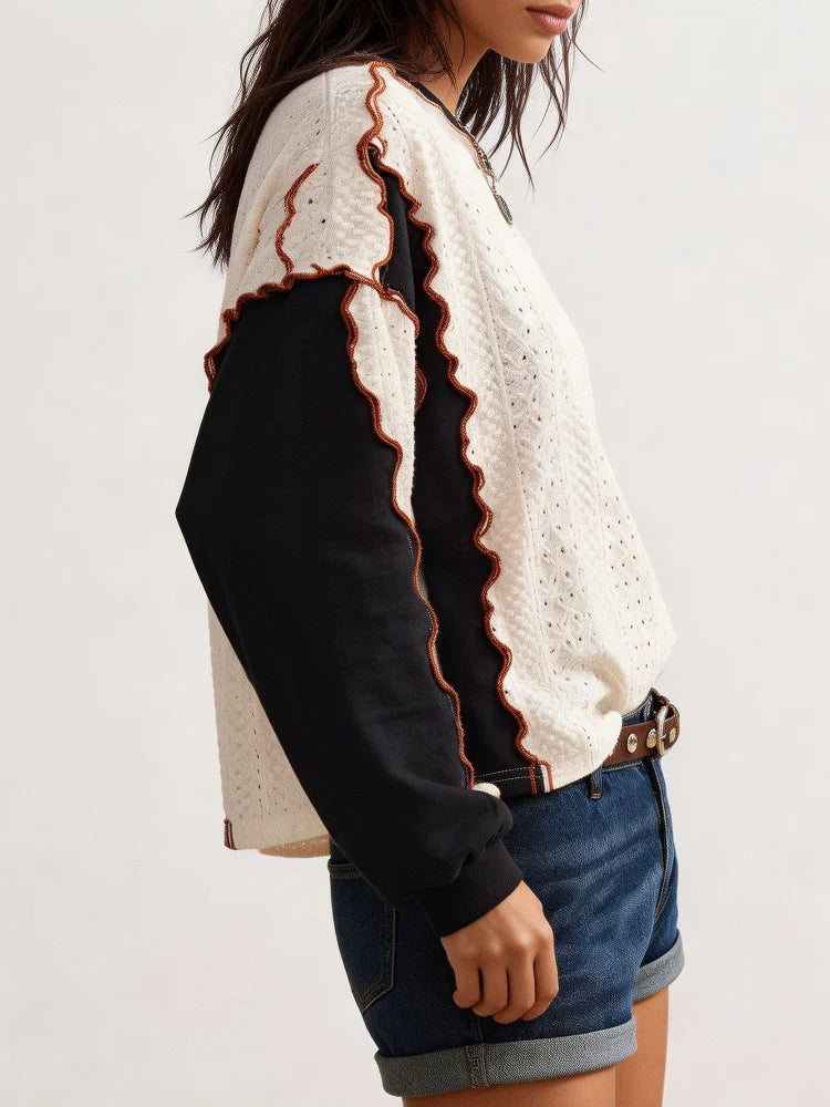 Women's Contrast Sleeve Relaxed Fit Contemporary Streetwear Knit Sweater