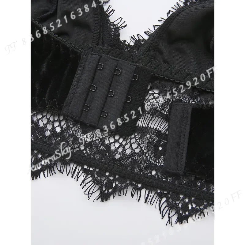 Gothic Black Lace Plunge Bralette Set with Silver Cross Pendants