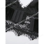 Gothic Black Lace Plunge Bralette Set with Silver Cross Pendants