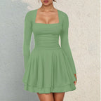 Square Neck Long Sleeve Mini Dress with Structured Waist and Ruffle Hem