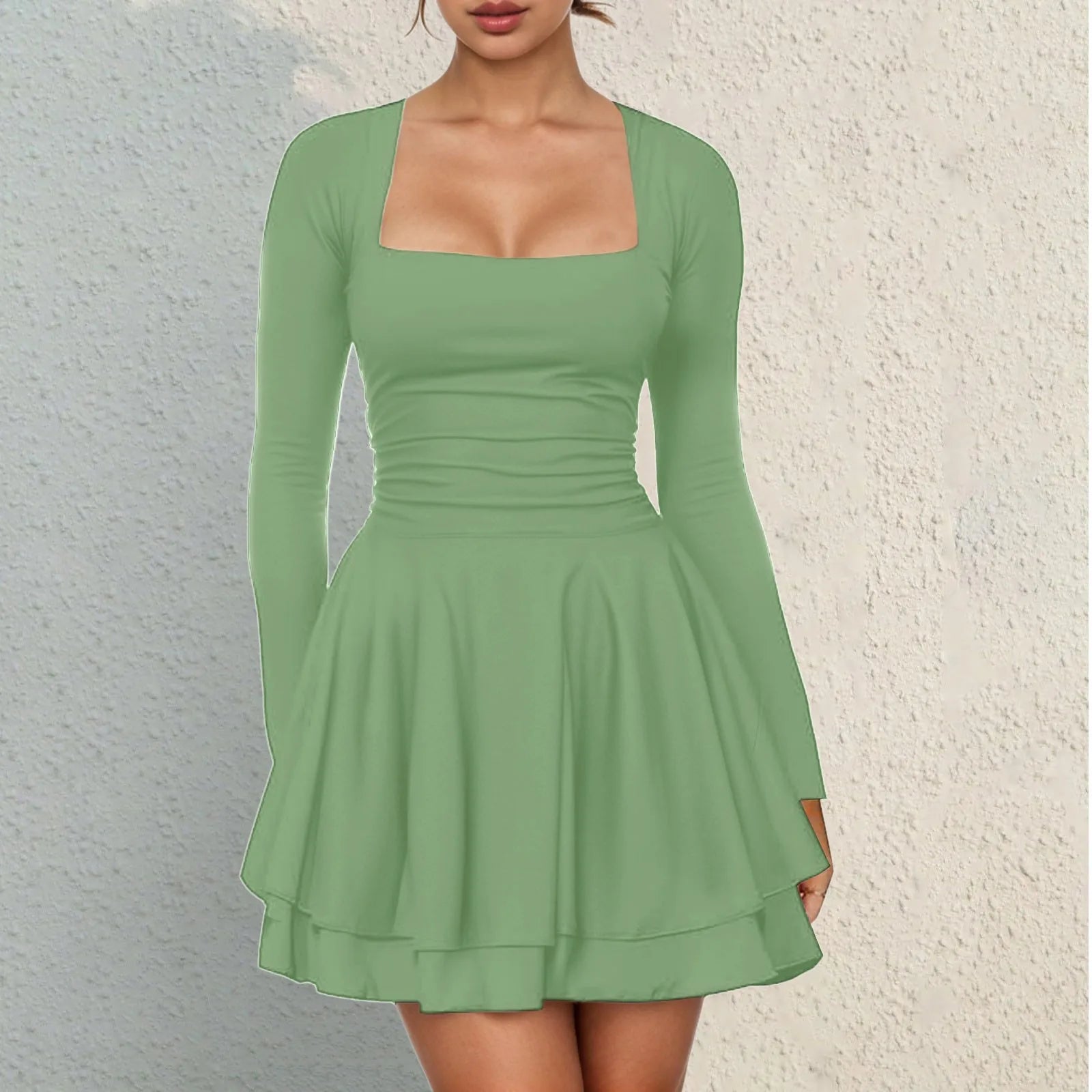 Square Neck Long Sleeve Mini Dress with Structured Waist and Ruffle Hem