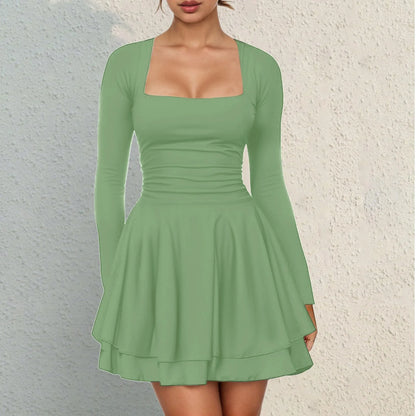 Square Neck Long Sleeve Mini Dress with Structured Waist and Ruffle Hem