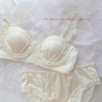 Pleated Satin Balconette Demi Bra and Coordinating Hipster Brief Set with Scalloped Trims