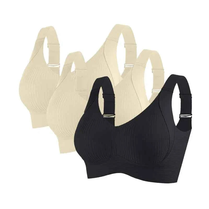 3-Piece Wireless Push-Up Bra Set with Ribbed Texture, V-Neck Design and Adjustable Straps