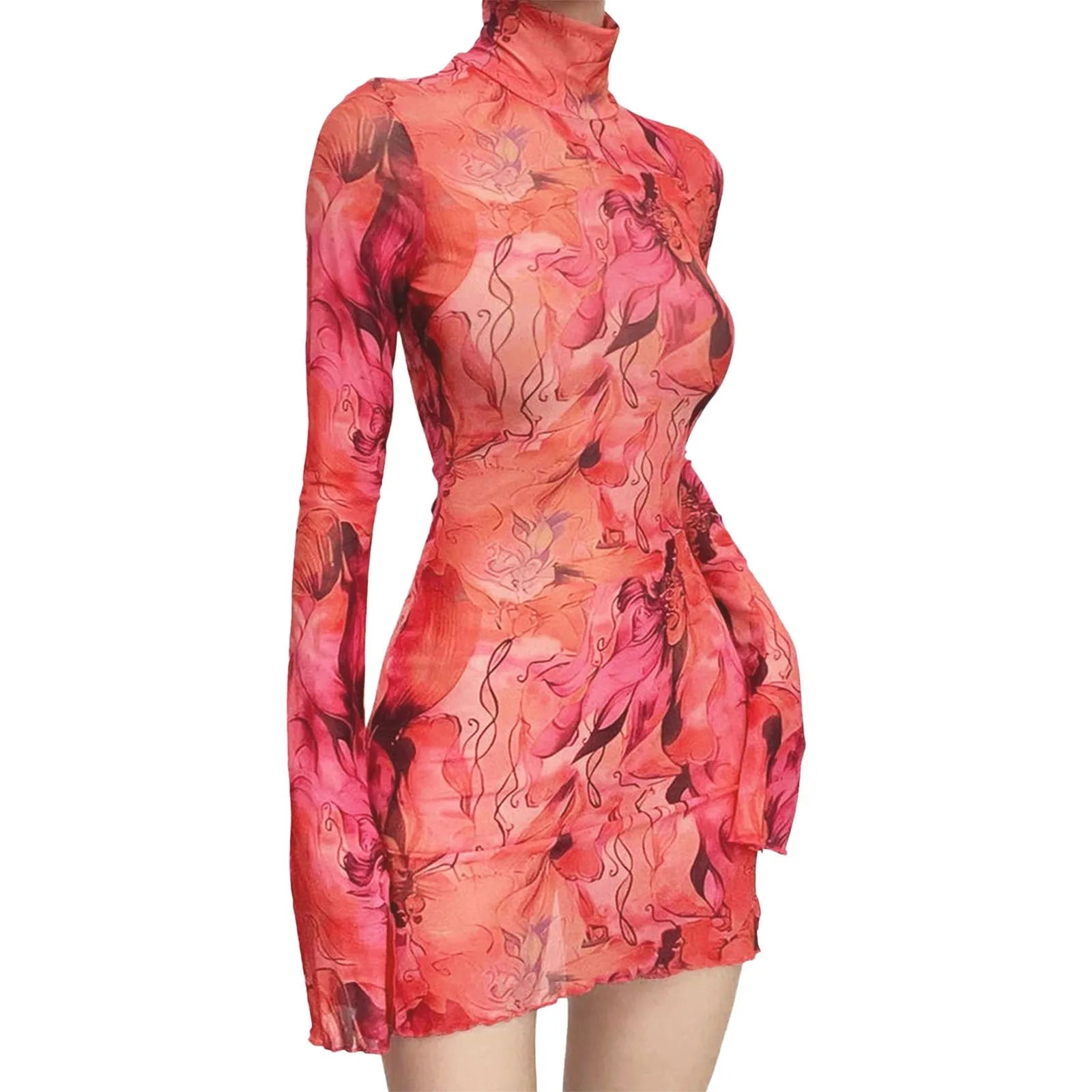 Abstract Mesh Bodycon Mini Dress with Bell Sleeves and Sheer Streetwear Styling