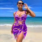 Royal Blue Baroque Print Swim Set with Structured Top and Matching Wrap Skirt