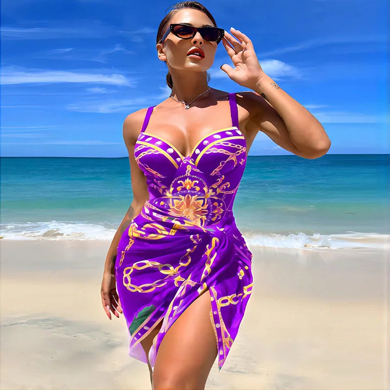 Royal Blue Baroque Print Swim Set with Structured Top and Matching Wrap Skirt