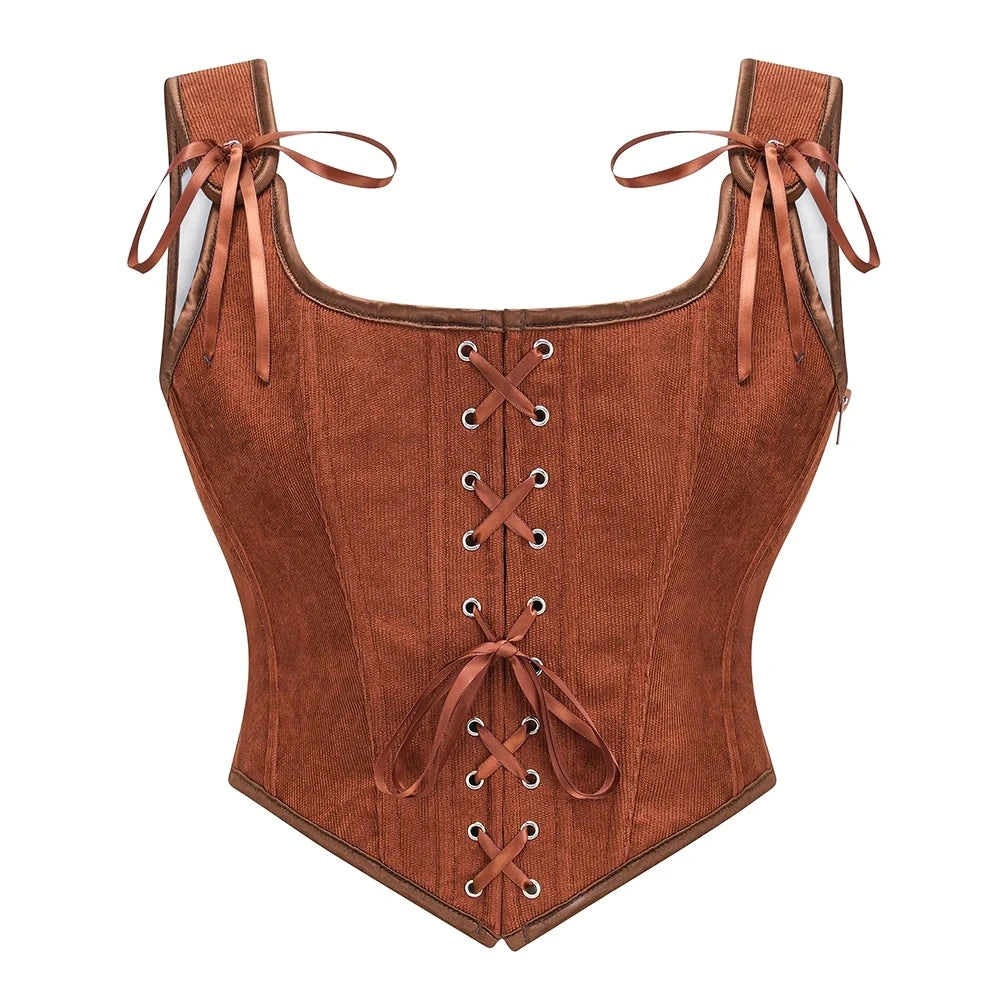 Vintage-Inspired Lace-Up Corset Top with Structured Panels and Side Closure
