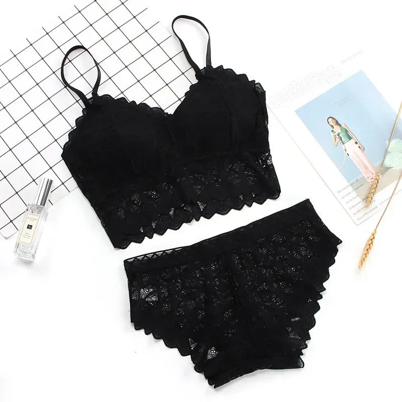 Scalloped Floral Lace Longline Camisole Bralette and Seamless Laser-Cut Brief Set