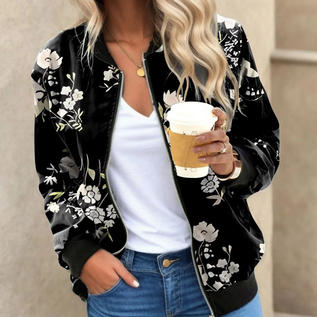 Women's Floral Print Zip-Up Bomber Jacket with Relaxed Contemporary Streetwear Short Fit