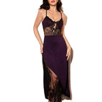 Deep Plum Satin-Finish Maxi Slip Dress with Sheer Black Lace Midriff and High Slit