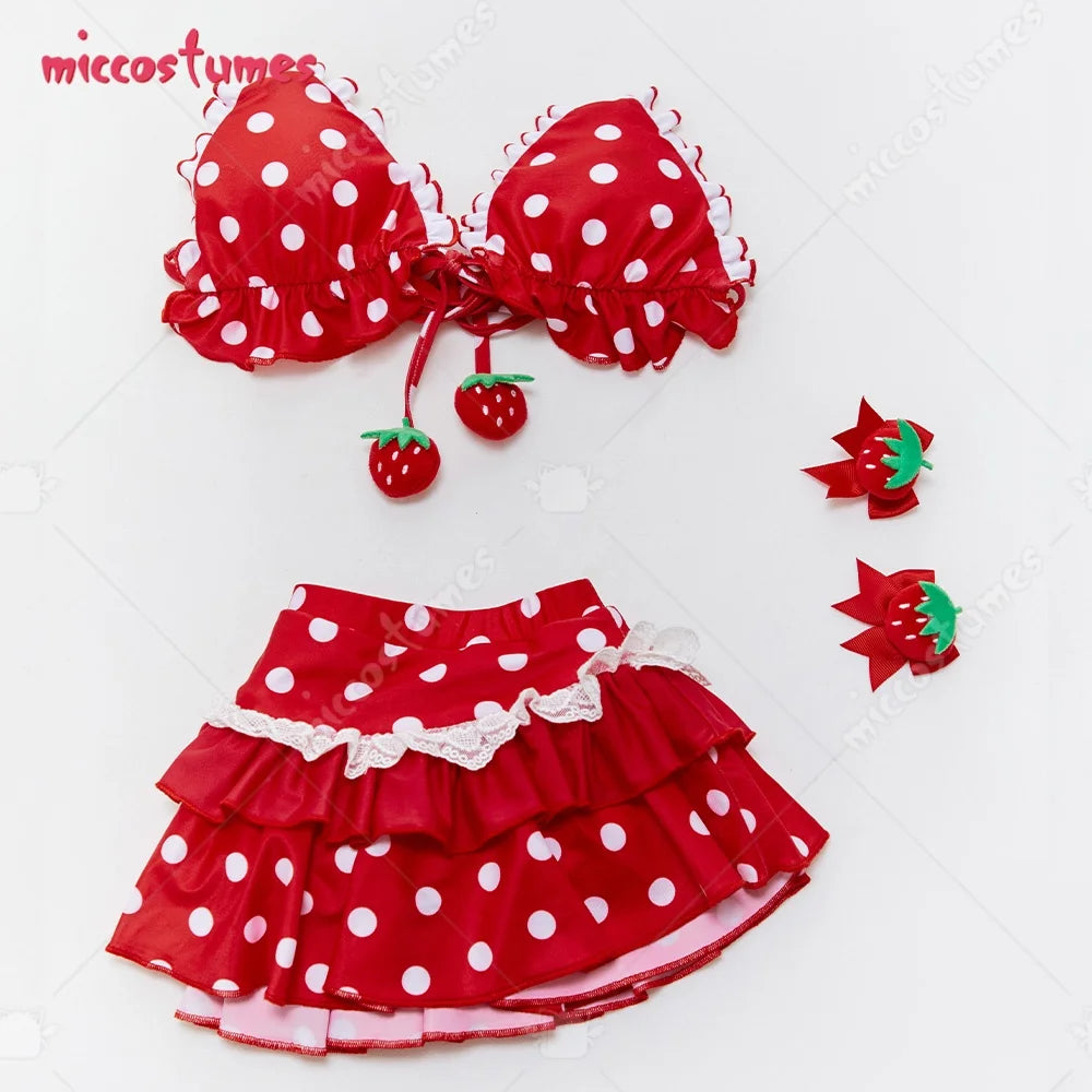 Women's Strawberry Print Polka Dot Bikini Set with Ruffled Details, Vintage-Inspired Two-Piece Swimwear and Cute Y2K Styling