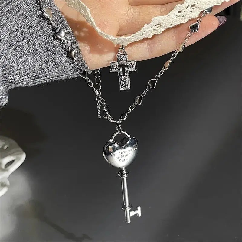 Layered Lace Choker Necklace Set with Key Pendant Gothic Aesthetic