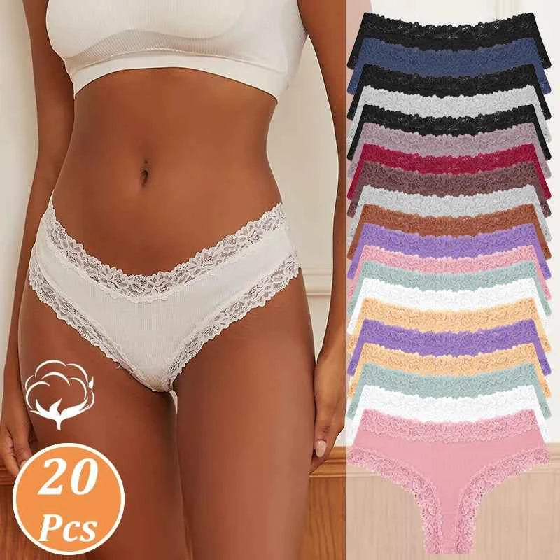 20-Piece Women’s Lace Trim Bikini Panties Set with Ribbed-Look Finish, Mid-Rise Silhouette and Assorted Colors