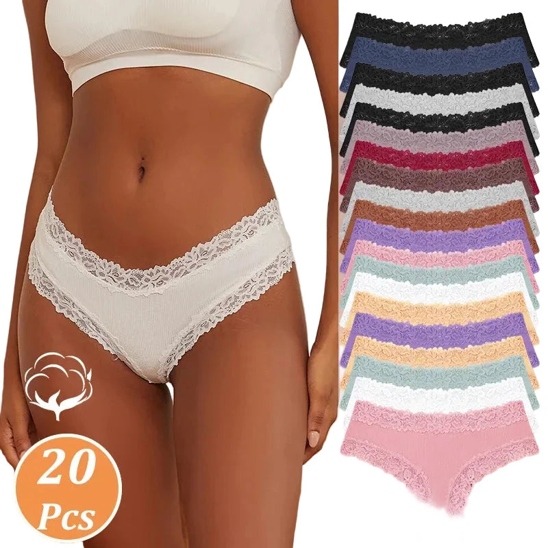 20-Piece Ribbed Cotton-Blend Bikini Panty Set with Delicate Floral Lace Trim