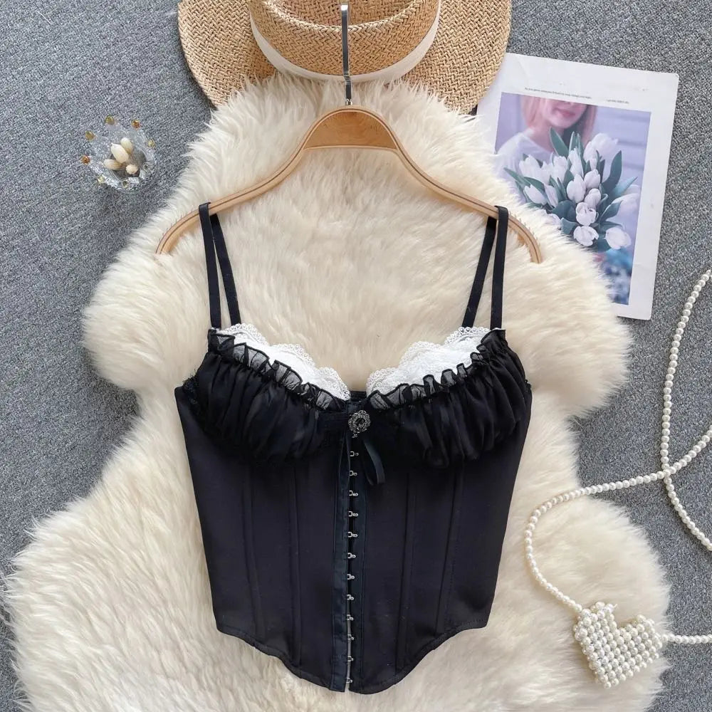 Vintage-Inspired Black Overbust Corset with White Ruffled Lace Trim