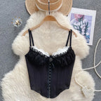 Vintage-Inspired Black Overbust Corset with White Ruffled Lace Trim